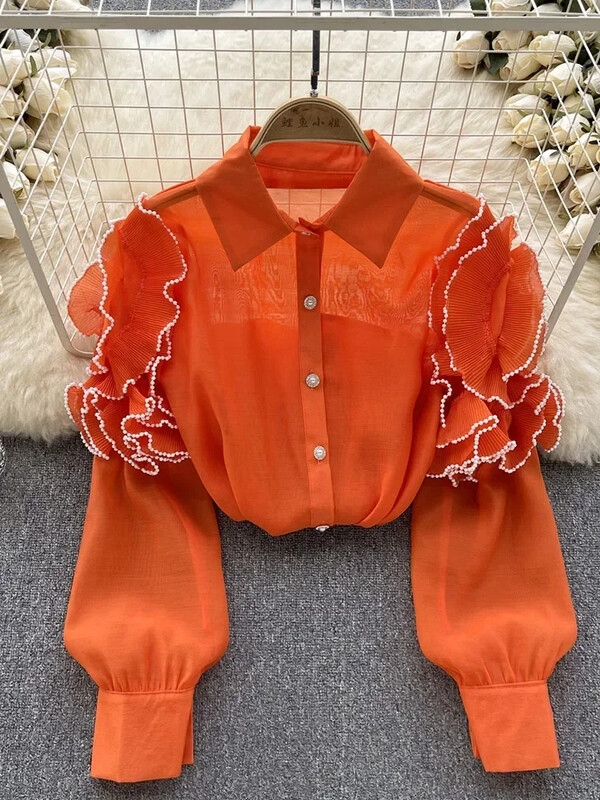 Női tavaszi őszi ing Koreai hálós ing háromdimenziós virágos hosszú ujjú dizájnnal Egyedi és stílusos felső D4407