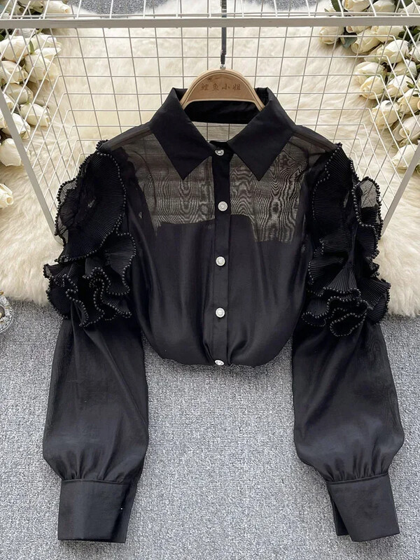 Női tavaszi őszi ing Koreai hálós ing háromdimenziós virágos hosszú ujjú dizájnnal Egyedi és stílusos felső D4407