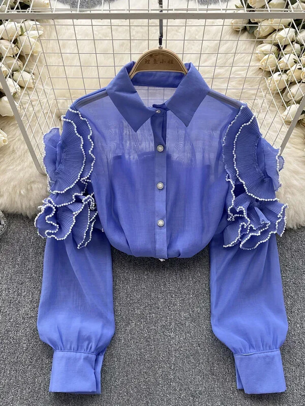 Női tavaszi őszi ing Koreai hálós ing háromdimenziós virágos hosszú ujjú dizájnnal Egyedi és stílusos felső D4407