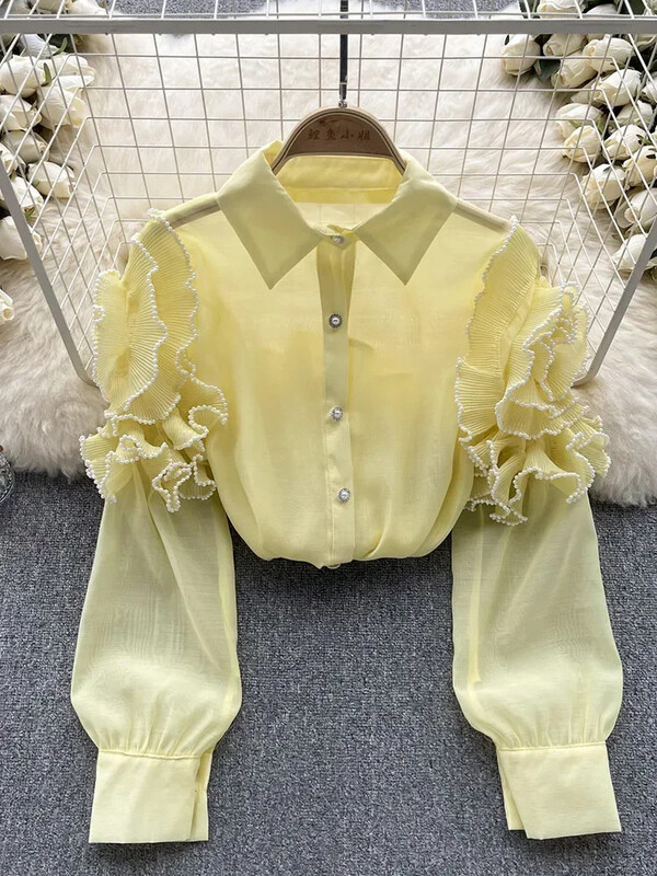 Női tavaszi őszi ing Koreai hálós ing háromdimenziós virágos hosszú ujjú dizájnnal Egyedi és stílusos felső D4407