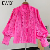 EWQ divatos, egyszínű ing női csipkés, üreges kialakítású, lámpás ujjú, egysoros felsők alkalmi 2024-es új 27C683