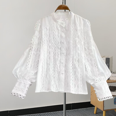 EWQ divatos, egyszínű ing női csipkés, üreges kialakítású, lámpás ujjú, egysoros felsők alkalmi 2024-es új 27C683
