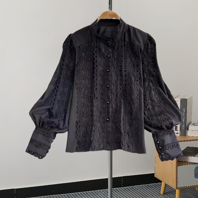 EWQ divatos, egyszínű ing női csipkés, üreges kialakítású, lámpás ujjú, egysoros felsők alkalmi 2024-es új 27C683