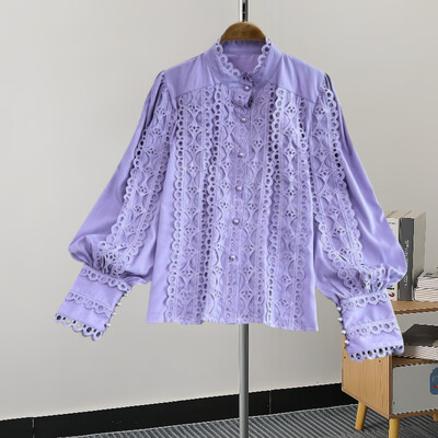 EWQ divatos, egyszínű ing női csipkés, üreges kialakítású, lámpás ujjú, egysoros felsők alkalmi 2024-es új 27C683