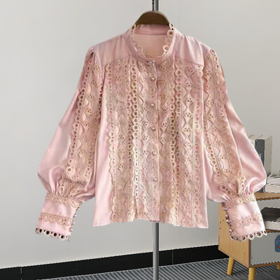 EWQ divatos, egyszínű ing női csipkés, üreges kialakítású, lámpás ujjú, egysoros felsők alkalmi 2024-es új 27C683