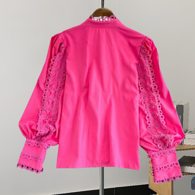 EWQ divatos, egyszínű ing női csipkés, üreges kialakítású, lámpás ujjú, egysoros felsők alkalmi 2024-es új 27C683