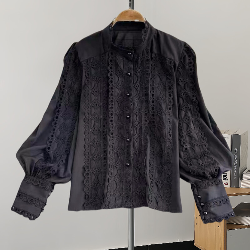 EWQ divatos, egyszínű ing női csipkés, üreges kialakítású, lámpás ujjú, egysoros felsők alkalmi 2024-es új 27C683