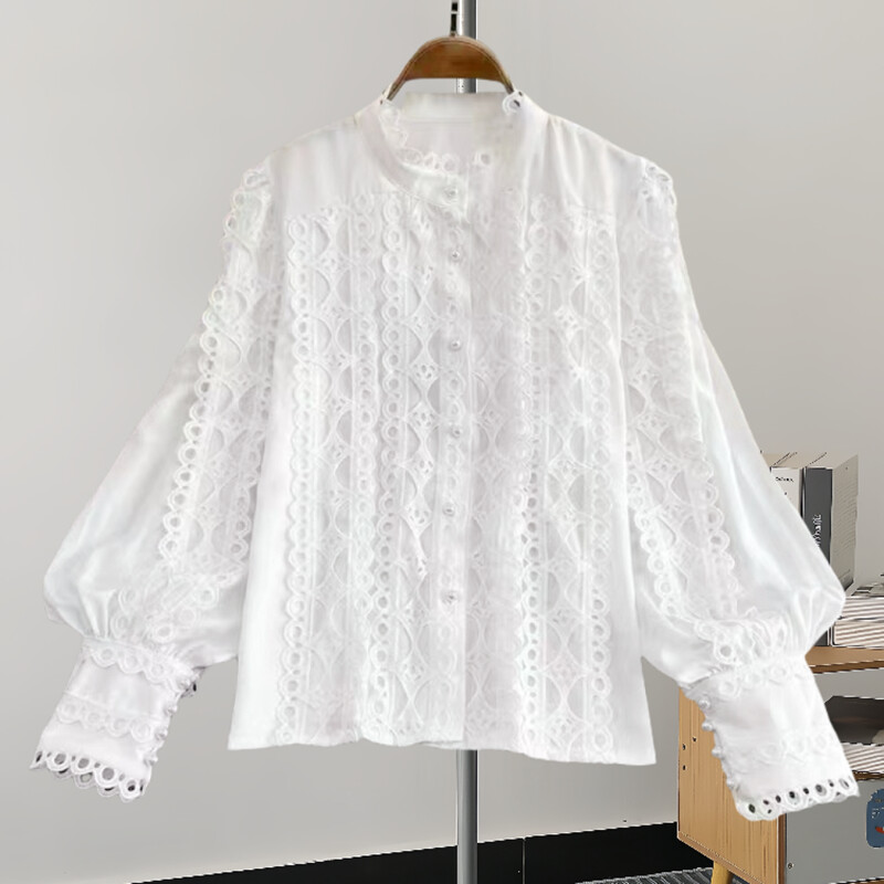 EWQ divatos, egyszínű ing női csipkés, üreges kialakítású, lámpás ujjú, egysoros felsők alkalmi 2024-es új 27C683