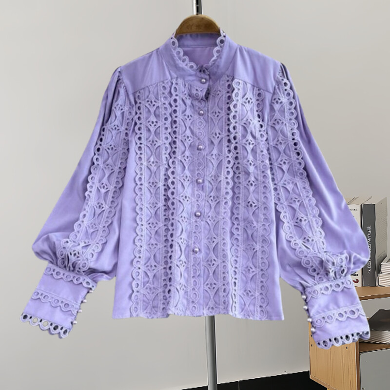 EWQ divatos, egyszínű ing női csipkés, üreges kialakítású, lámpás ujjú, egysoros felsők alkalmi 2024-es új 27C683