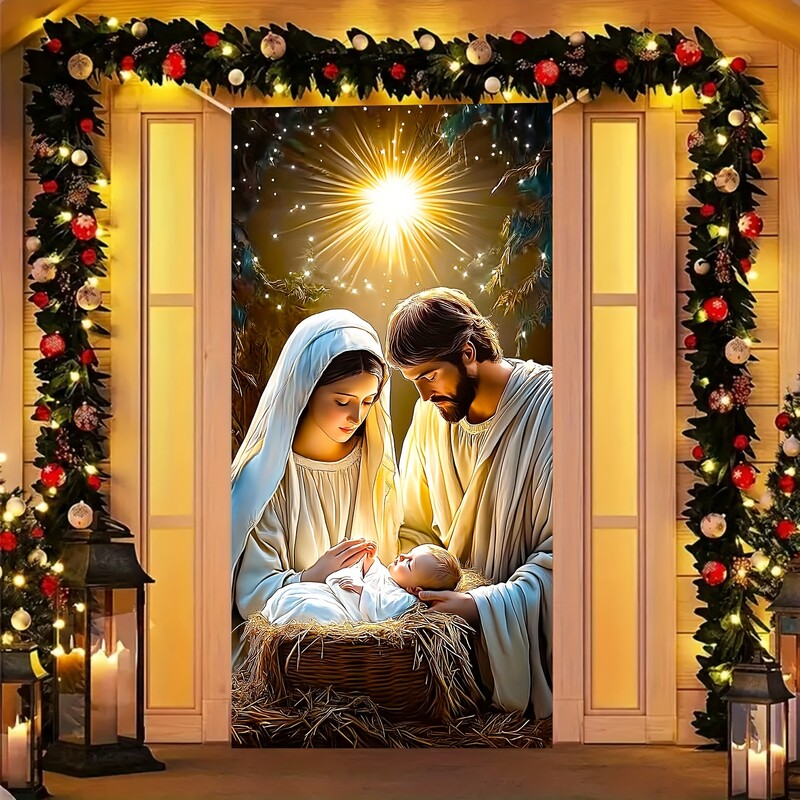 1τμχ Κάλυμμα πόρτας Αγίας Οικογένειας - Χριστουγεννιάτικο πανό από πολυεστέρα, είσοδος, δωμάτιο