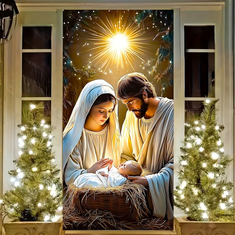 1τμχ Κάλυμμα πόρτας Αγίας Οικογένειας - Χριστουγεννιάτικο πανό από πολυεστέρα, είσοδος, δωμάτιο