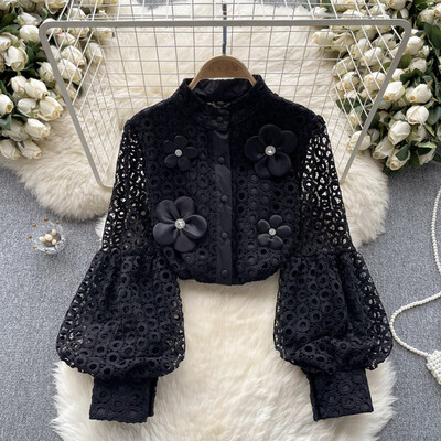 Κομψό μακρυμάνικο φουσκωτό μανίκι κοίλο λουλουδάτο έξω Κομψό σέξι πουκάμισο γαλλικής μόδας Άνοιξη φθινόπωρο Γυναικείο Crop Top