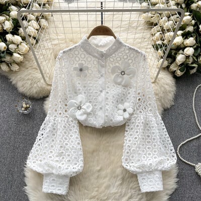 Κομψό μακρυμάνικο φουσκωτό μανίκι κοίλο λουλουδάτο έξω Κομψό σέξι πουκάμισο γαλλικής μόδας Άνοιξη φθινόπωρο Γυναικείο Crop Top