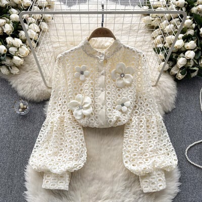 Κομψό μακρυμάνικο φουσκωτό μανίκι κοίλο λουλουδάτο έξω Κομψό σέξι πουκάμισο γαλλικής μόδας Άνοιξη φθινόπωρο Γυναικείο Crop Top