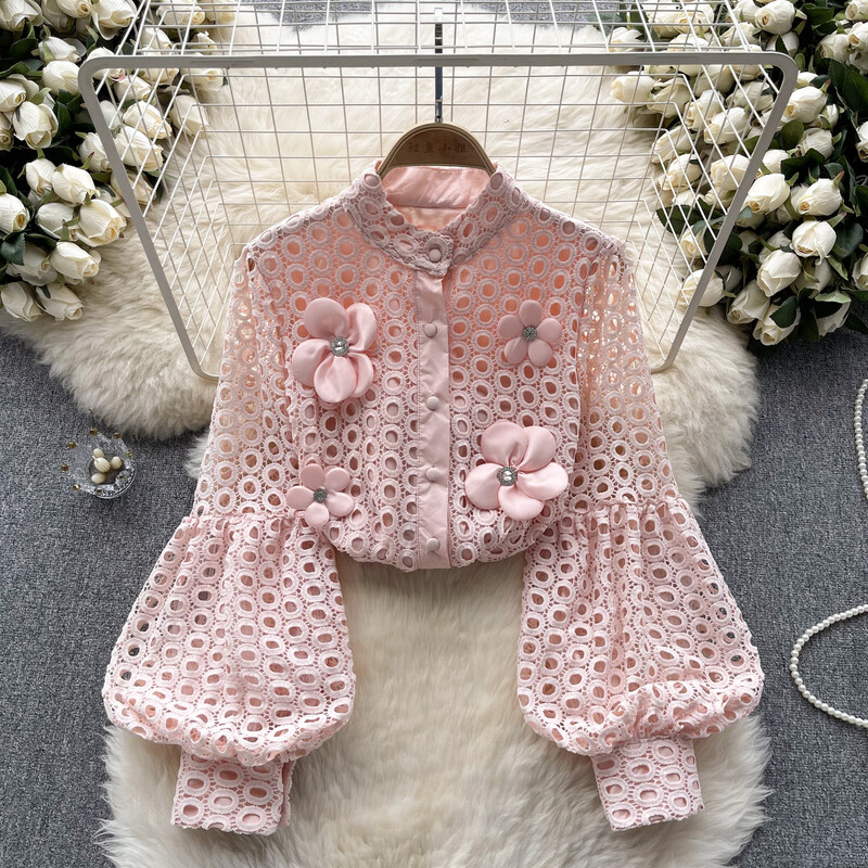 Κομψό μακρυμάνικο φουσκωτό μανίκι κοίλο λουλουδάτο έξω Κομψό σέξι πουκάμισο γαλλικής μόδας Άνοιξη φθινόπωρο Γυναικείο Crop Top