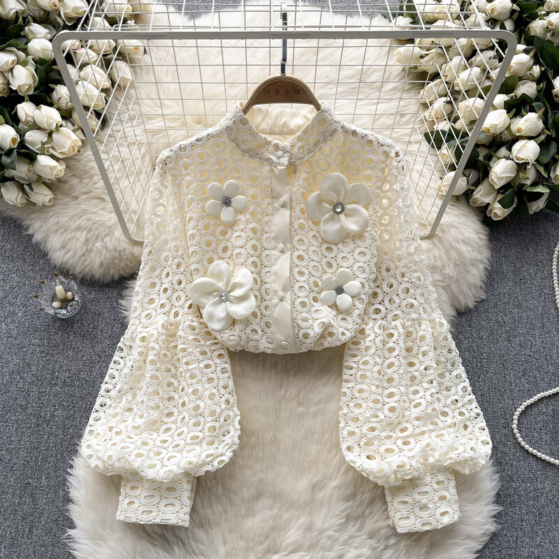 Κομψό μακρυμάνικο φουσκωτό μανίκι κοίλο λουλουδάτο έξω Κομψό σέξι πουκάμισο γαλλικής μόδας Άνοιξη φθινόπωρο Γυναικείο Crop Top