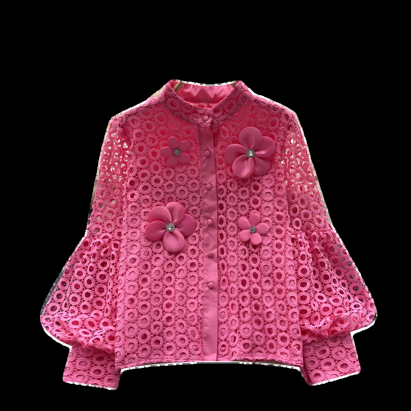 Κομψό μακρυμάνικο φουσκωτό μανίκι κοίλο λουλουδάτο έξω Κομψό σέξι πουκάμισο γαλλικής μόδας Άνοιξη φθινόπωρο Γυναικείο Crop Top