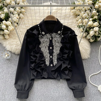 Női Elegáns o-nyakú, hosszú ujjú patchwork Gyöngyös flitteres Solid Karcsú szexi koreai póló Divat nyári női ing