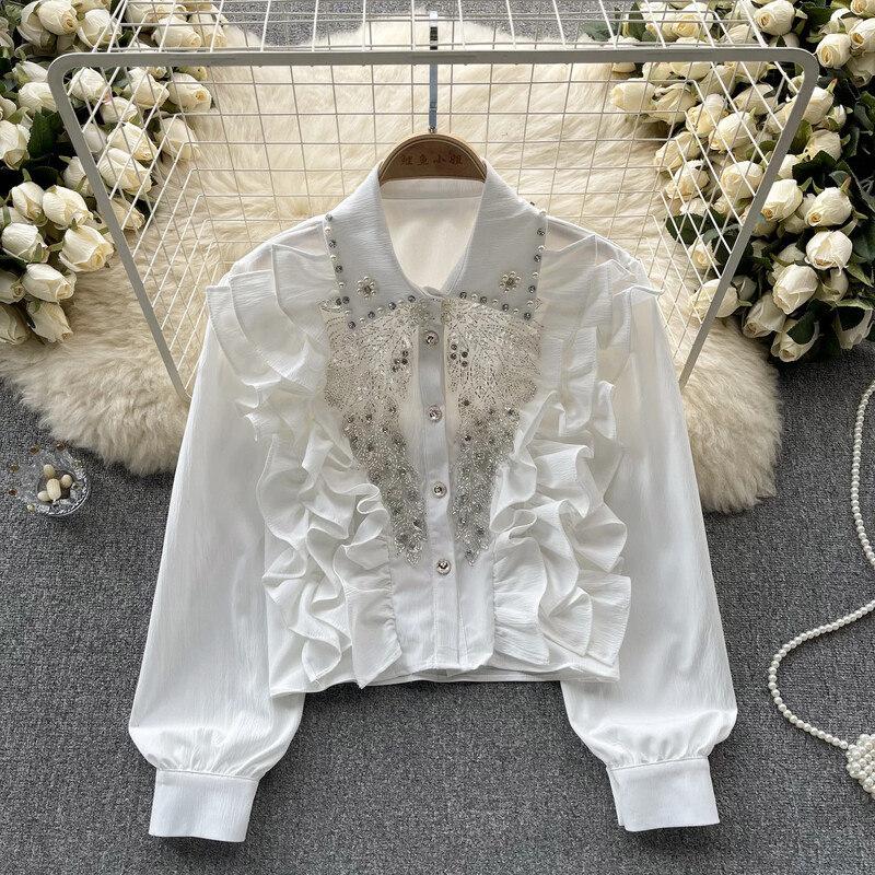 Női Elegáns o-nyakú, hosszú ujjú patchwork Gyöngyös flitteres Solid Karcsú szexi koreai póló Divat nyári női ing