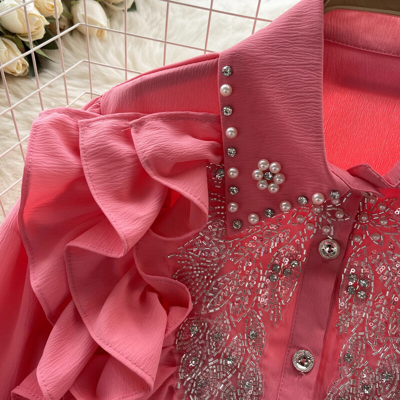 Női Elegáns o-nyakú, hosszú ujjú patchwork Gyöngyös flitteres Solid Karcsú szexi koreai póló Divat nyári női ing