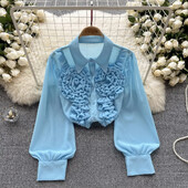 French Chic γυναικεία μπλούζα Άφιξη Τρισδιάστατα λουλούδια με γυριστό γιακά Μακρύ φουσκωτό πέτο Μονό πουκάμισο Blusa Dropship που μειώνει την ηλικία