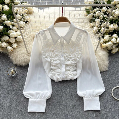 French Chic γυναικεία μπλούζα Άφιξη Τρισδιάστατα λουλούδια με γυριστό γιακά Μακρύ φουσκωτό πέτο Μονό πουκάμισο Blusa Dropship που μειώνει την ηλικία