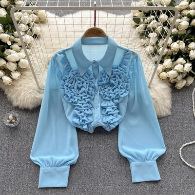 French Chic γυναικεία μπλούζα Άφιξη Τρισδιάστατα λουλούδια με γυριστό γιακά Μακρύ φουσκωτό πέτο Μονό πουκάμισο Blusa Dropship που μειώνει την ηλικία