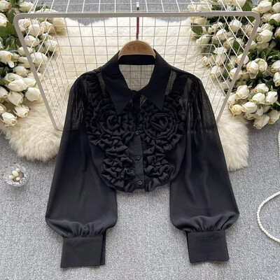 French Chic γυναικεία μπλούζα Άφιξη Τρισδιάστατα λουλούδια με γυριστό γιακά Μακρύ φουσκωτό πέτο Μονό πουκάμισο Blusa Dropship που μειώνει την ηλικία