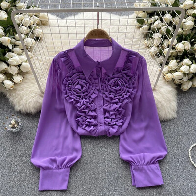 French Chic γυναικεία μπλούζα Άφιξη Τρισδιάστατα λουλούδια με γυριστό γιακά Μακρύ φουσκωτό πέτο Μονό πουκάμισο Blusa Dropship που μειώνει την ηλικία