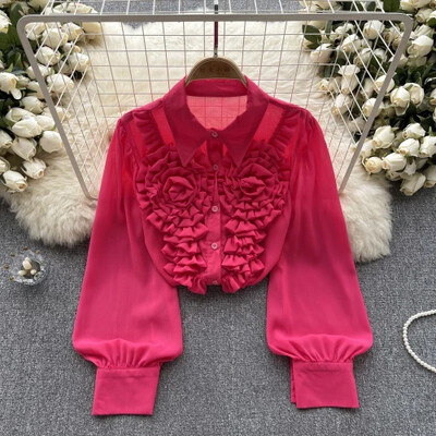 French Chic γυναικεία μπλούζα Άφιξη Τρισδιάστατα λουλούδια με γυριστό γιακά Μακρύ φουσκωτό πέτο Μονό πουκάμισο Blusa Dropship που μειώνει την ηλικία