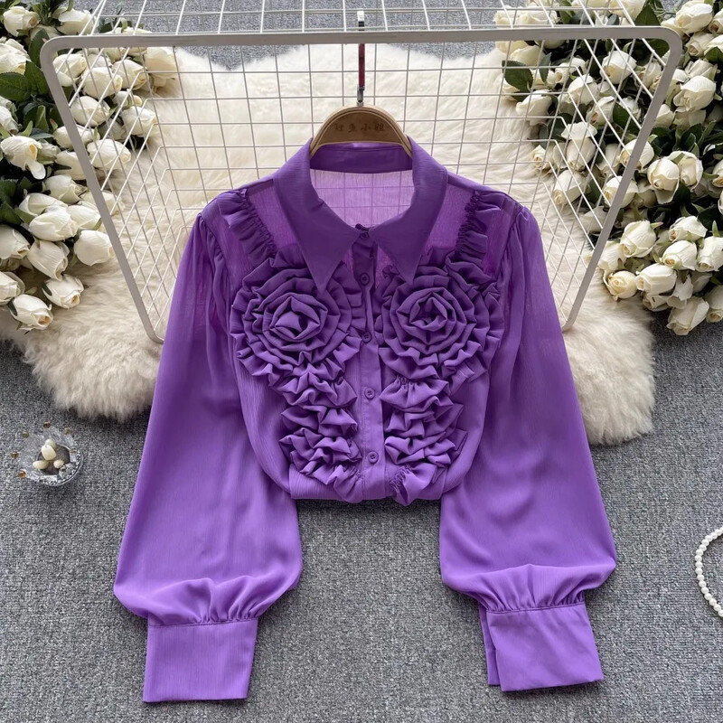 French Chic γυναικεία μπλούζα Άφιξη Τρισδιάστατα λουλούδια με γυριστό γιακά Μακρύ φουσκωτό πέτο Μονό πουκάμισο Blusa Dropship που μειώνει την ηλικία