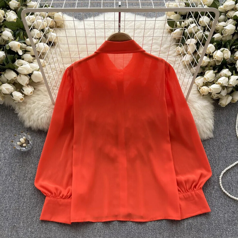 French Chic γυναικεία μπλούζα Άφιξη Τρισδιάστατα λουλούδια με γυριστό γιακά Μακρύ φουσκωτό πέτο Μονό πουκάμισο Blusa Dropship που μειώνει την ηλικία