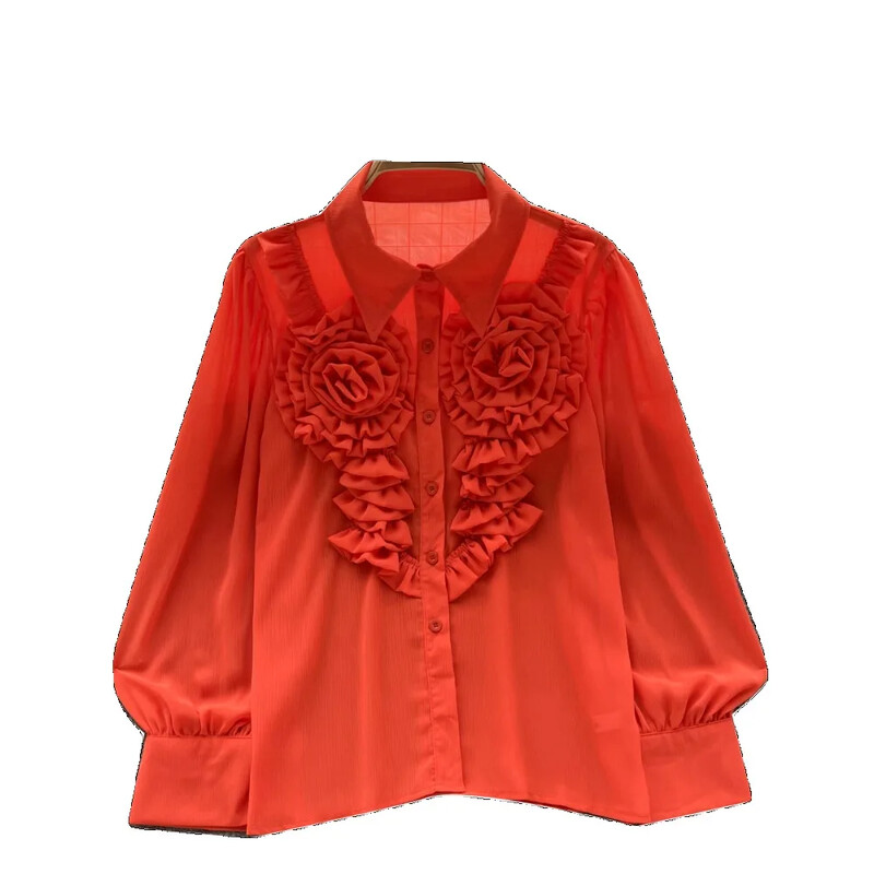 French Chic γυναικεία μπλούζα Άφιξη Τρισδιάστατα λουλούδια με γυριστό γιακά Μακρύ φουσκωτό πέτο Μονό πουκάμισο Blusa Dropship που μειώνει την ηλικία
