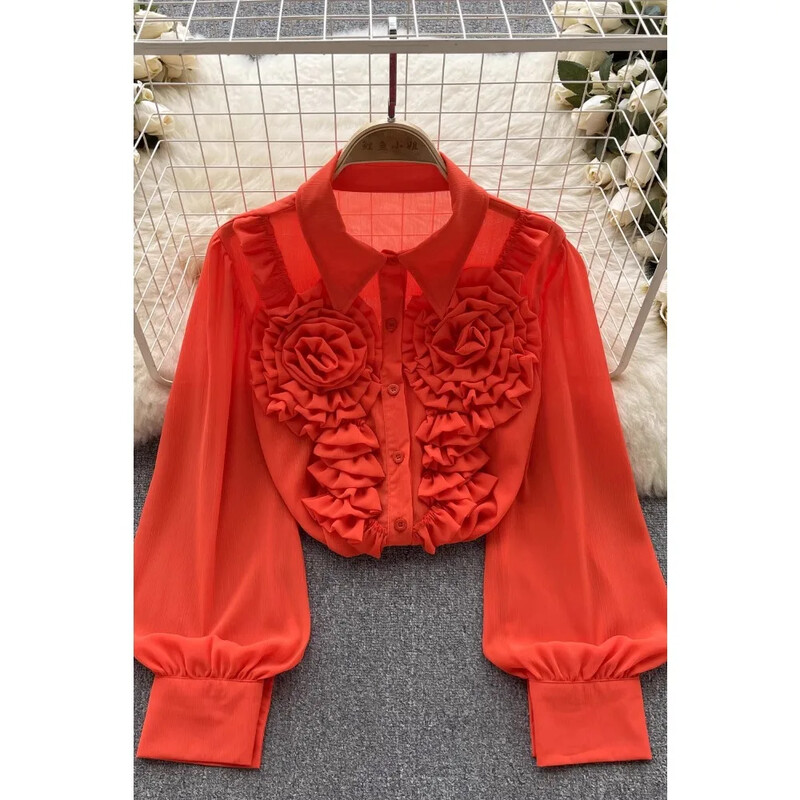 French Chic γυναικεία μπλούζα Άφιξη Τρισδιάστατα λουλούδια με γυριστό γιακά Μακρύ φουσκωτό πέτο Μονό πουκάμισο Blusa Dropship που μειώνει την ηλικία