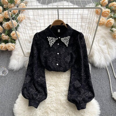 Vintage modes sieviešu krekls ar pūšām piedurknēm pavasara žakarda auduma pērlītēm sociāla blūze Sieviešu pogām Eleganti topi sieviešu blūzes