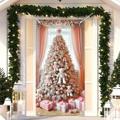 Ünnepi karácsonyi ajtódísz, mackó karácsonyfa design poliészter beltéri és kültéri ünnepi ajtótakaró bannerek