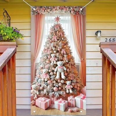 Ünnepi karácsonyi ajtódísz, mackó karácsonyfa design poliészter beltéri és kültéri ünnepi ajtótakaró bannerek