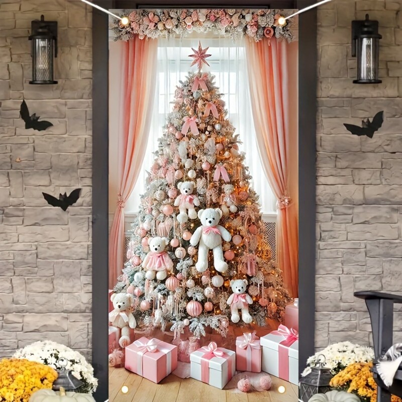 Ünnepi karácsonyi ajtódísz, mackó karácsonyfa design poliészter beltéri és kültéri ünnepi ajtótakaró bannerek