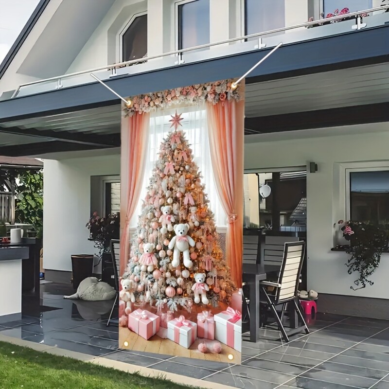 Ünnepi karácsonyi ajtódísz, mackó karácsonyfa design poliészter beltéri és kültéri ünnepi ajtótakaró bannerek