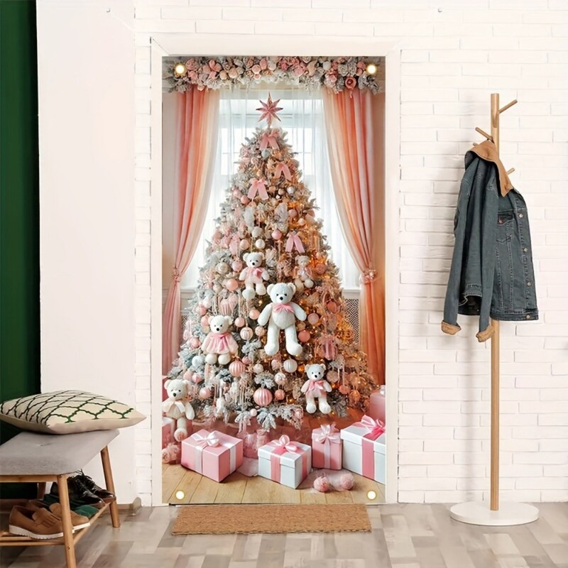 Ünnepi karácsonyi ajtódísz, mackó karácsonyfa design poliészter beltéri és kültéri ünnepi ajtótakaró bannerek