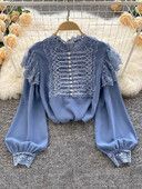 Őszi tavaszi új divat sifon blúz női csipke varrás puff ujjú blusa önművelő retro gombos ing KK1783