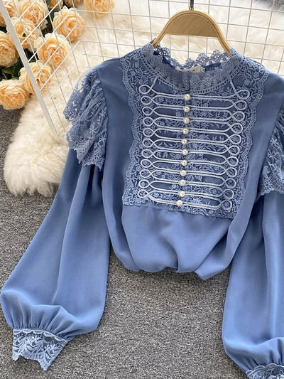 Őszi tavaszi új divat sifon blúz női csipke varrás puff ujjú blusa önművelő retro gombos ing KK1783