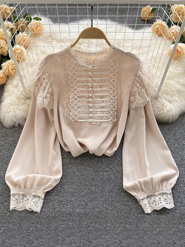 Őszi tavaszi új divat sifon blúz női csipke varrás puff ujjú blusa önművelő retro gombos ing KK1783