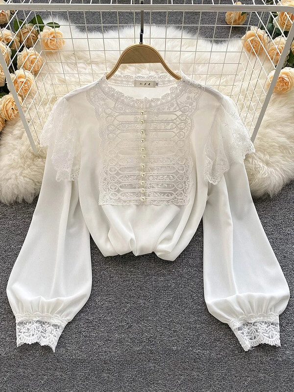 Őszi tavaszi új divat sifon blúz női csipke varrás puff ujjú blusa önművelő retro gombos ing KK1783