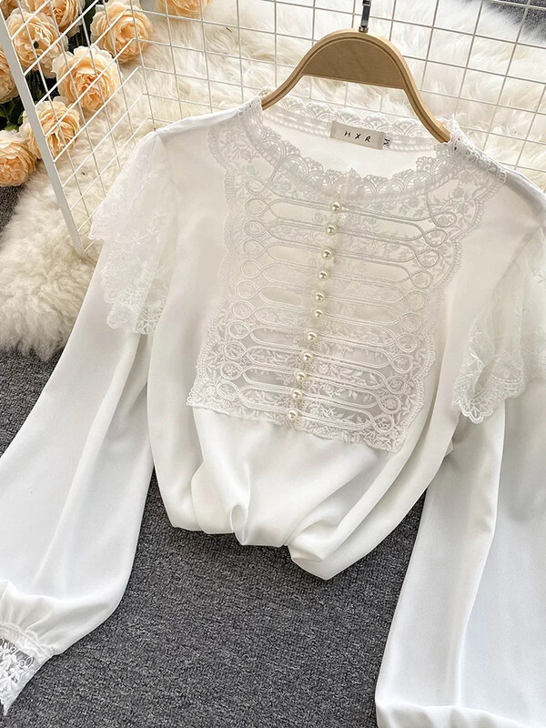 Őszi tavaszi új divat sifon blúz női csipke varrás puff ujjú blusa önművelő retro gombos ing KK1783