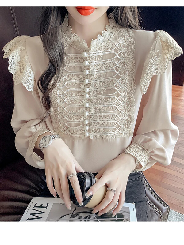 Őszi tavaszi új divat sifon blúz női csipke varrás puff ujjú blusa önművelő retro gombos ing KK1783