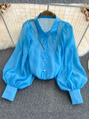 Tavaszi temperamentum új blúz női gyöngyökkel díszített gyémánt lámpás ujjú, egysoros divatos, hajtókás ing C428