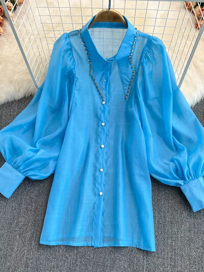 Tavaszi temperamentum új blúz női gyöngyökkel díszített gyémánt lámpás ujjú, egysoros divatos, hajtókás ing C428