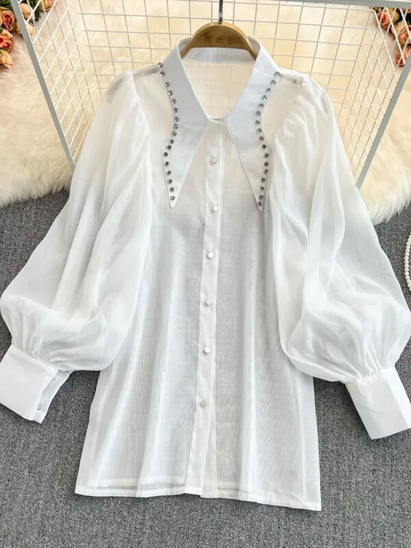 Tavaszi temperamentum új blúz női gyöngyökkel díszített gyémánt lámpás ujjú, egysoros divatos, hajtókás ing C428