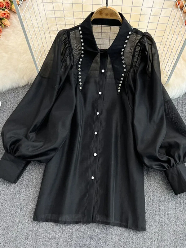 Tavaszi temperamentum új blúz női gyöngyökkel díszített gyémánt lámpás ujjú, egysoros divatos, hajtókás ing C428